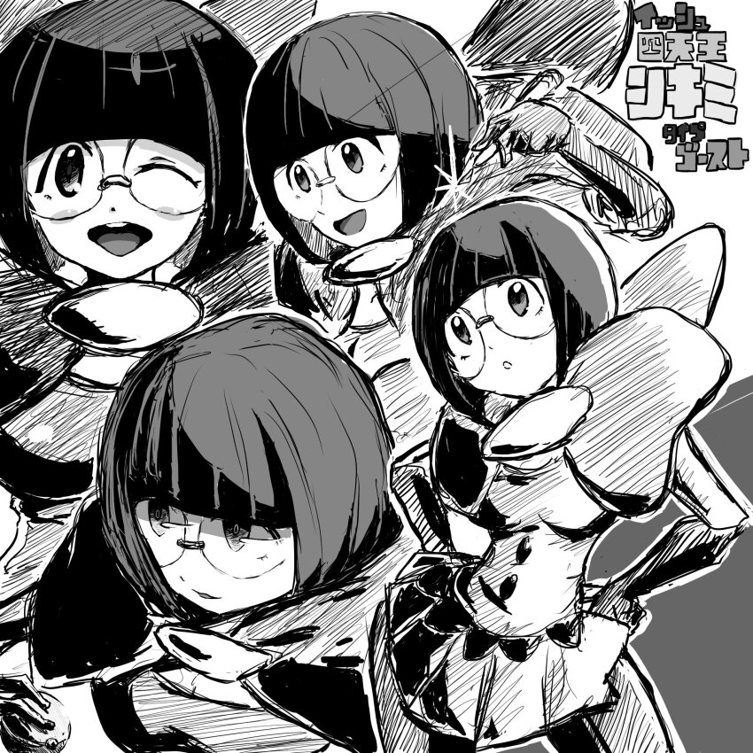 1girl, blush_stickers, breasts, greyscale, hands_on_own_hips, highres, holding, holding_pen