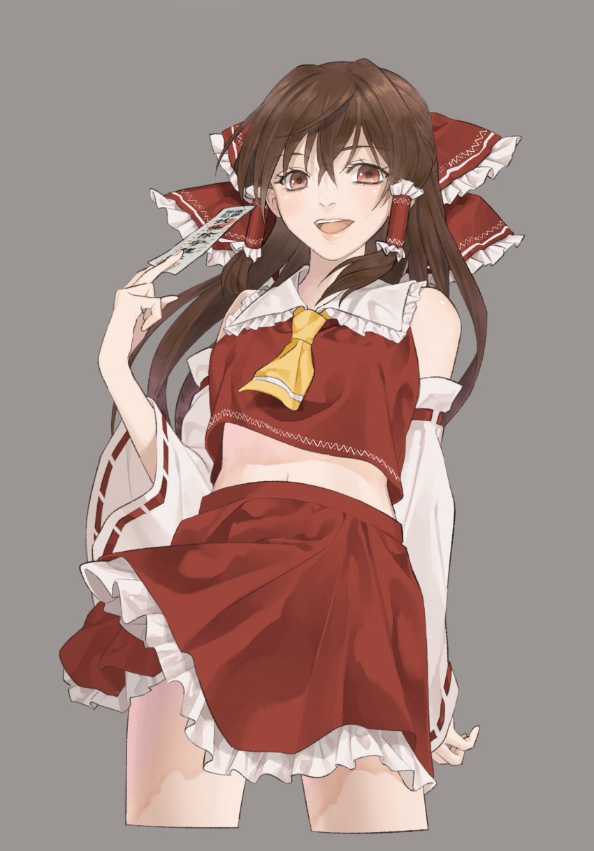 1girl, ascot, between_fingers, bow, brown_eyes, brown_hair, commentary, detached_sleeves