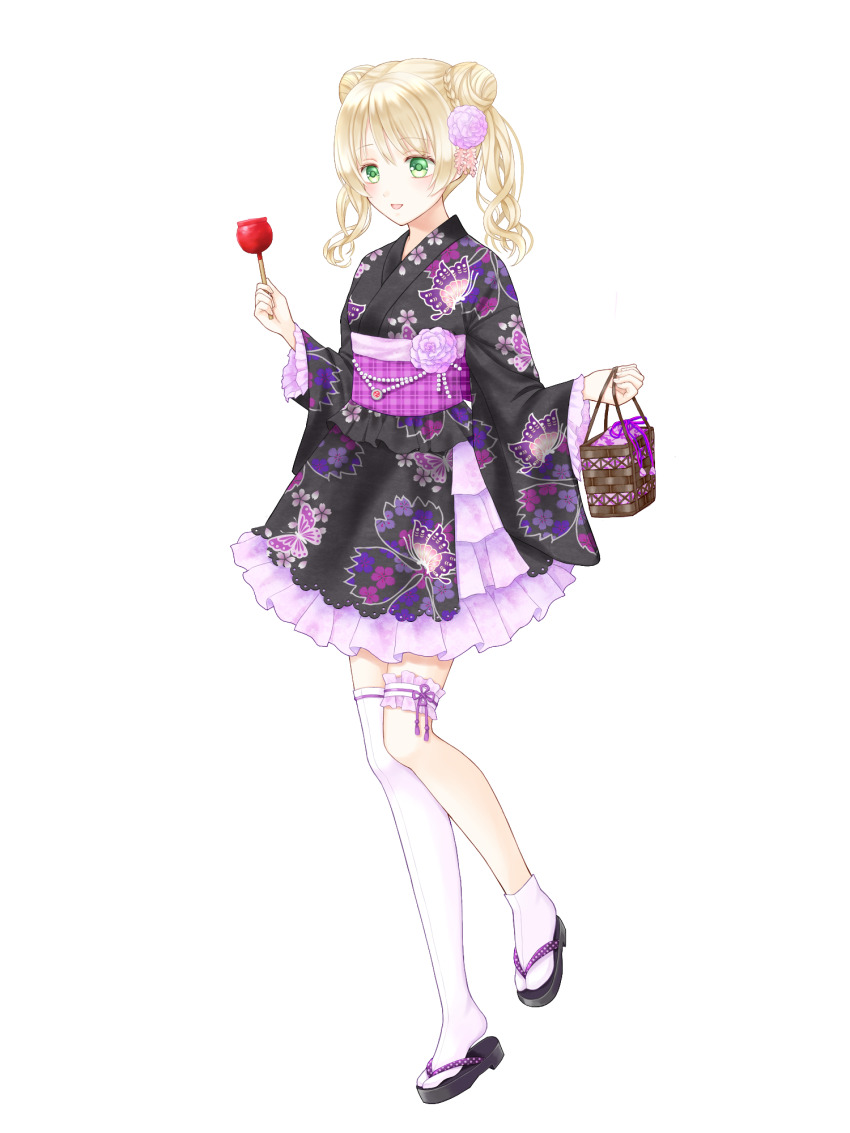 1girl, braid, braided_bun, candy_apple, chain_paradox, chika_tsubana_(tw), double_bun, flower, food, full_body, green_eyes, hair_bun, hair_flower, hair_ornament, highres, holding_candy_apple, holding_food, iris_testarossa, japanese_clothes, kimono, kinchaku, medium_hair, obi, pouch, print_kimono, sandals, sash, single_thighhigh, solo, standing, thigh_strap, thighhighs, transparent_background, twintails, wide_sleeves