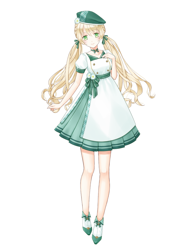 1girl, blonde_hair, braid, chain_paradox, chika_tsubana_(tw), dress, flower, full_body, green_dress, green_eyes, green_hat, green_ribbon, hair_ribbon, hat, iris_testarossa, long_hair, looking_at_viewer, ribbon, shoes, smile, solo, standing, transparent_background, twintails, two-tone_dress, white_dress