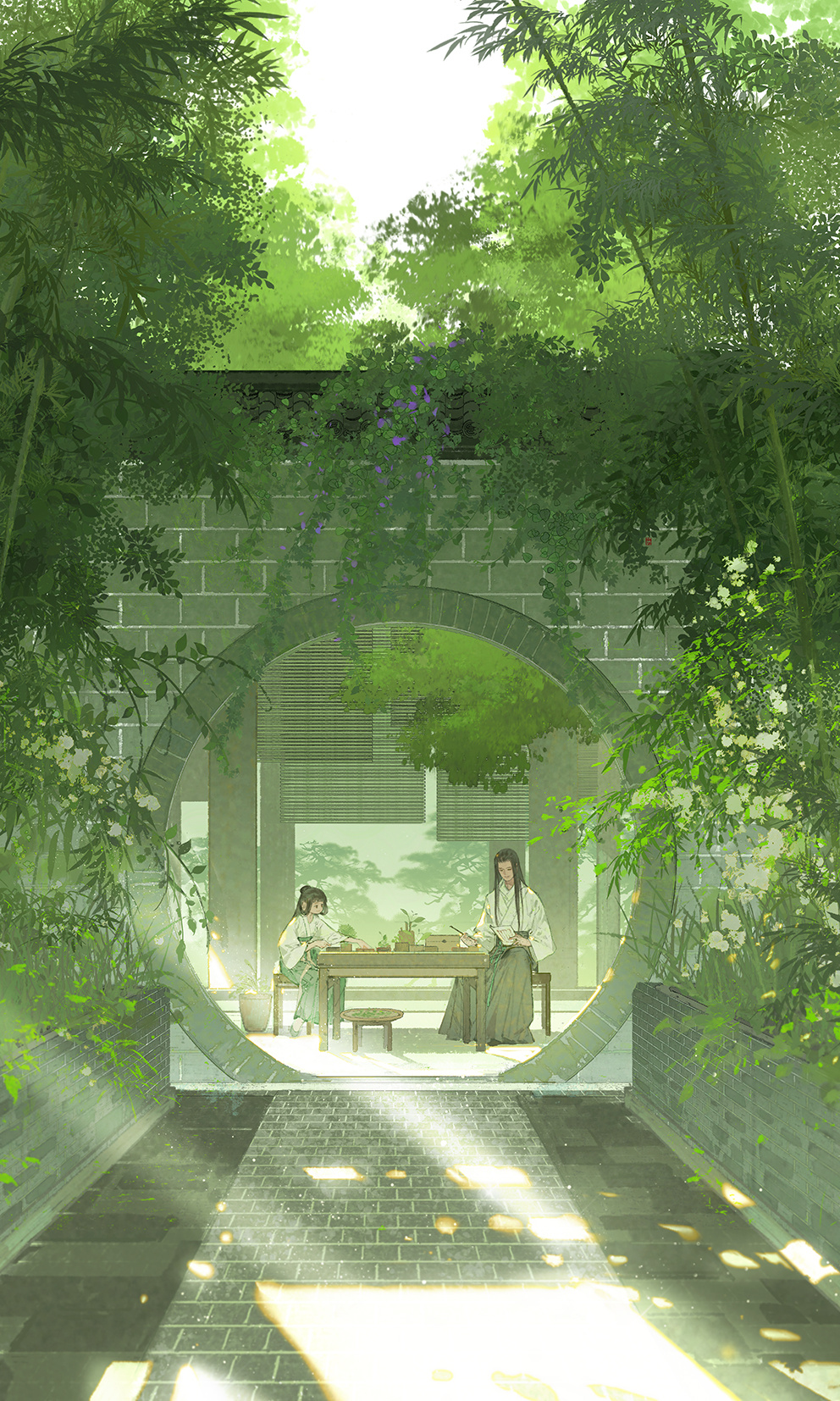 1boy, 1girl, architecture, black_hair, brown_skirt, calligraphy_brush, chair, chinese_clothes, chinese_commentary, commentary_request, east_asian_architecture, foliage, green_skirt, green_theme, hanfu, highres, holding, holding_calligraphy_brush, holding_paintbrush, ibuki_satsuki, jiaoling_ruqun, light_particles, moon_gate, original, paintbrush, round_door, sitting, skirt, sunlight, wide_shot