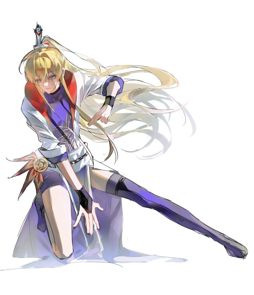 1boy, absurdres, asymmetrical_footwear, black_gloves, blonde_hair, boots, chinese_commentary, commentary_request, fingerless_gloves, full_body, gloves, gong_changsheng, grey_eyes, hair_between_eyes, highres, jacket, long_hair, male_focus, purple_boots, purple_shirt, purple_shorts, shirt, shorts, sidelocks, simple_background, single_glove, sleeves_rolled_up, solo, thigh_boots, white_background, white_jacket, wo_jia_da_shixiong_naozi_you_keng, yfq