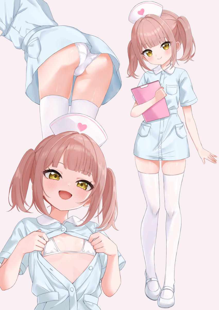 1girl, 4kimizuki, absurdres, ass, bikini, bikini_top_only, blue_dress, blush, brown_eyes, brown_hair, clipboard, dress, flat_chest, full_body, hat, highres, huge_filesize, loli, long_hair, looking_at_viewer, multiple_views, nurse, nurse_cap, open_clothes, open_dress, original, panties, short_dress, short_sleeves, smile, standing, swimsuit, thighhighs, thighs, twintails, unbuttoned_dress, underwear, white_bikini, white_panties, white_thighhighs