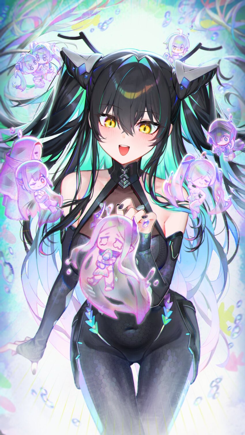 6+girls, absurdres, accessories, aqua_hair, armpit_cutout, backless_bodysuit, bandaid, bandaid_on_face