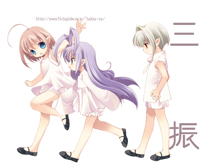 00s, 3girls, binzume_yousei, fairy, kururu_(binzume_yousei), kururu_(bottle_fairy), mary_janes, multiple_girls, pointy_ears, rere_(binzume_yousei), sarara_(binzume_yousei), shoes, tokumi_yuiko