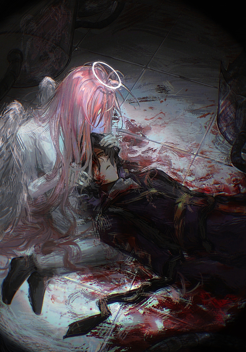 2boys, angel, angel_wings, black_coat, black_hair, black_shoes, blood, blood_on_clothes