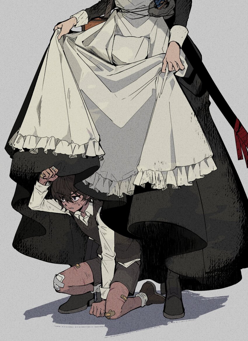 1boy, 1girl, apron, black_hair, brown_hair, collared_shirt, dark-skinned_male, dark_skin