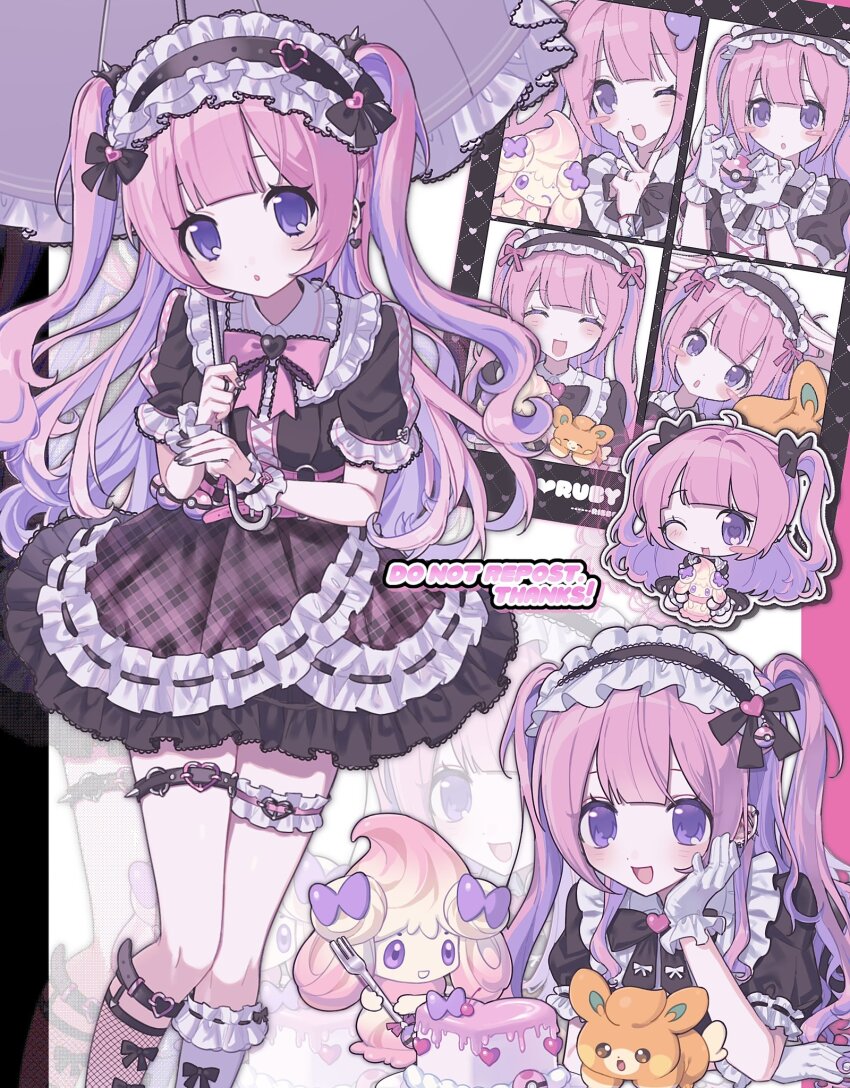 1girl, 25g_lie, black_dress, cake, chibi, creature, dress, english_text