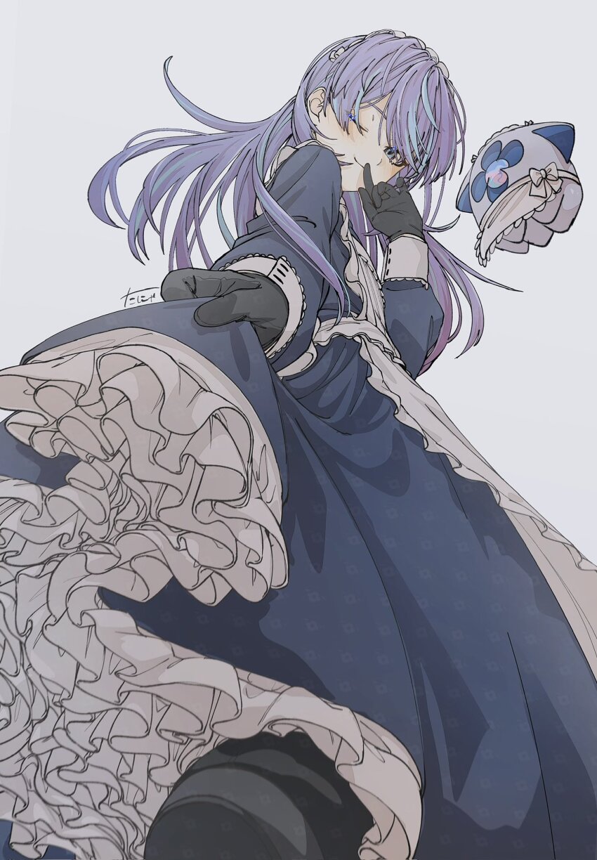 1boy, apron, black_gloves, black_pantyhose, blue_dress, blue_eyes, blue_hair, closed_mouth, crossdressing, crossdressing_(mtf), dress, finger_to_mouth, frilled_apron, frilled_dress, frills, from_below, gloves, highres, hoshirube_sho, index_finger_raised, long_dress, long_hair, long_sleeves, looking_at_viewer, maid, maid_apron, maid_headdress, male_focus, male_maid, multicolored_hair, nijisanji, one_eye_closed, otomo_(hoshirube_sho), pantyhose, petticoat, purple_hair, shushing, simple_background, smile, solo, standing, streaked_hair, tanyaka, trap, two-tone_hair, virtual_youtuber, white_apron, white_background