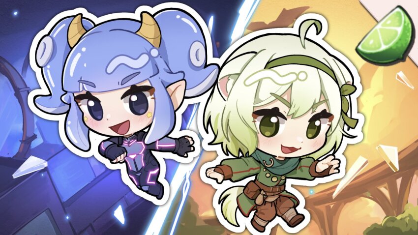 2girls, ahoge, alternate_costume, animal_ears, belt, bridge, brown_pants, chibi, chibi_only, fantasy, ferret_ears, ferret_girl, ferret_tail, fingerless_gloves, food, fruit, gloves, gradient_hair, gradient_tail, green_eyes, green_hair, green_scarf, green_tail, green_tunic, hackerling, hairband, horns, indie_virtual_youtuber, limealicious, lime_(fruit), lime_slice, monster_girl, multicolored_hair, multicolored_tail, multiple_girls, official_art, pants, purple_eyes, purple_hair, reimitsuki, scarf, science_fiction, scylla, skin_tight, split_fiction, star_(symbol), star_ornament, star_sticker, sticker, tail, tentacle_hair, tree, tunic, two-tone_hair, two-tone_tail, utility_belt, vinesauce, virtual_youtuber, white_hair, white_tail