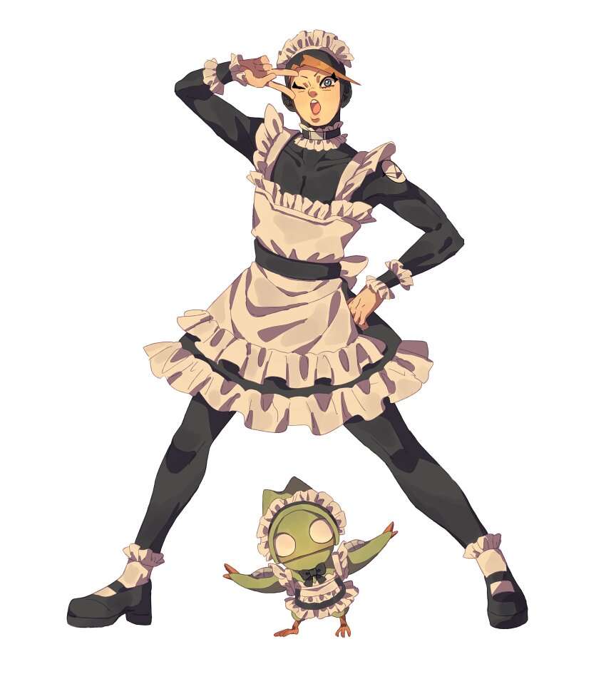 1boy, 1other, absurdres, alternate_costume, apron, black_bodysuit, black_shoes, blue_eyes