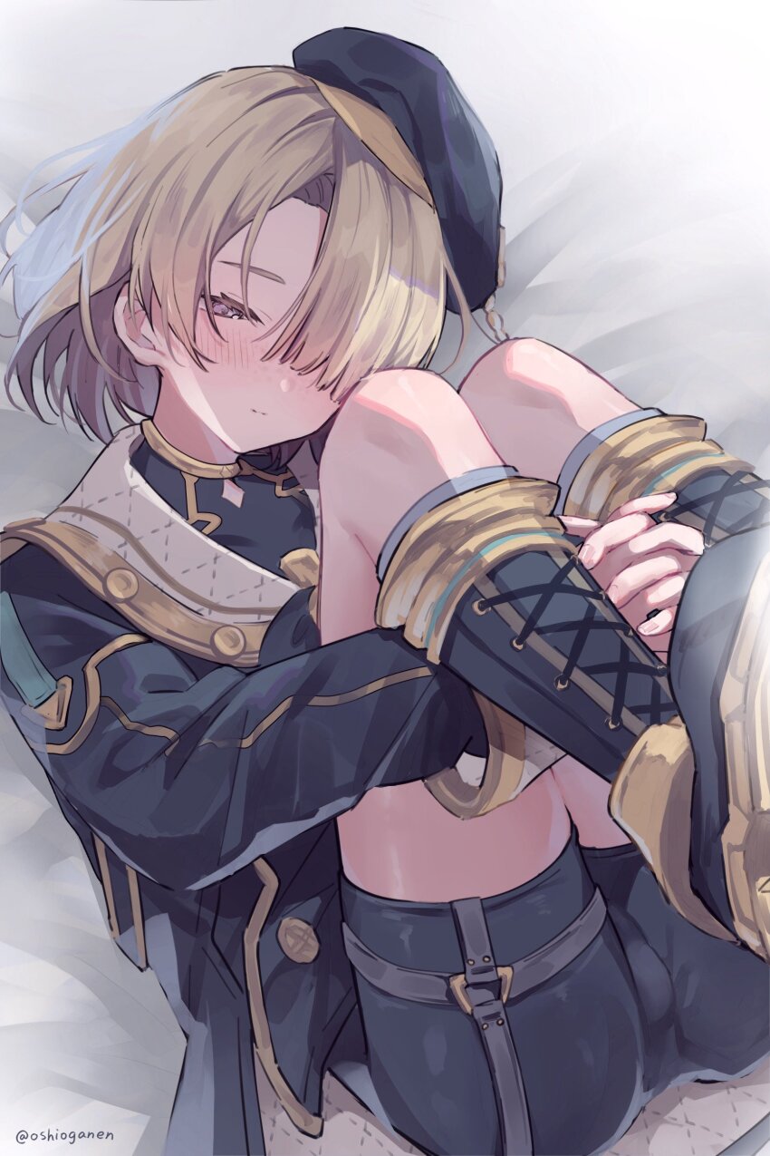 1boy, absurdres, bed_sheet, black_boots, black_hat, black_shorts, blonde_hair, blush