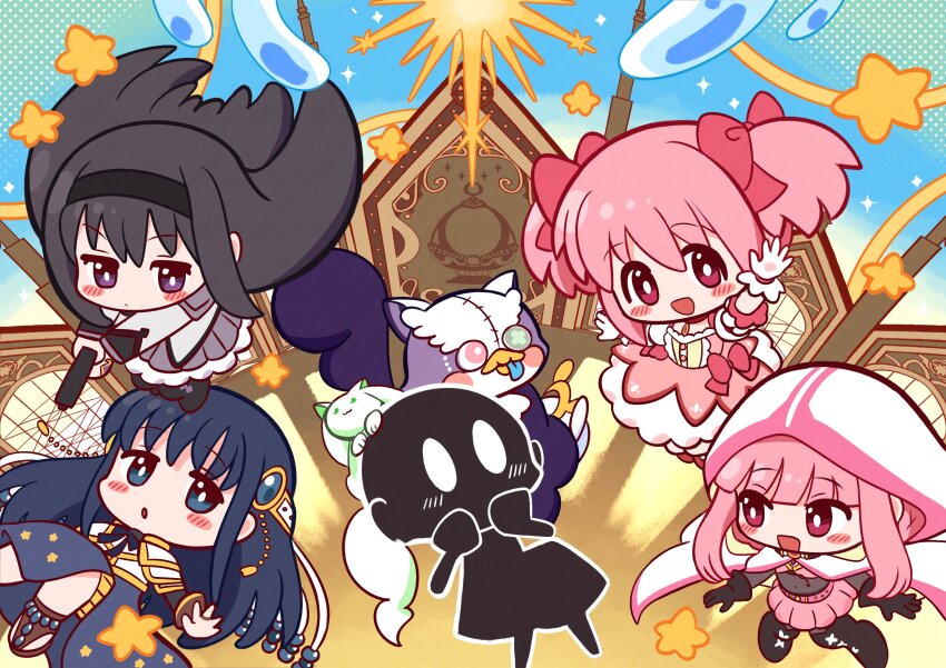 5girls, :o, a-q_(madoka_magica), absurdres, akemi_homura, akemi_homura_(magical_girl), argyle_clothes, argyle_footwear