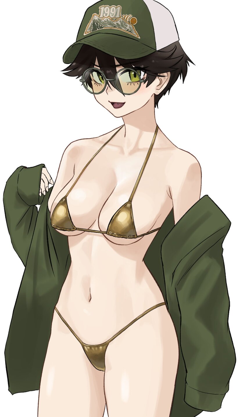 1girl, baseball_cap, bikini, breasts, collarbone, commentary, cowboy_shot, english_commentary