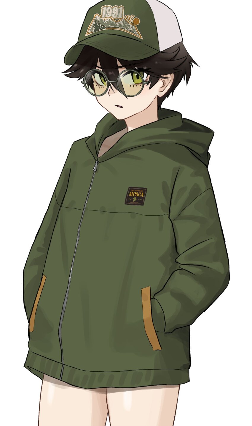 1girl, baseball_cap, commentary, cowboy_shot, english_commentary, glasses, green_eyes, green_hat