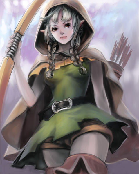 1girl, belt, bow_(weapon), braid, breasts, dragon's_crown, elf, elf_(dragon's_crown), female_focus, gradient_background, hood, pointy_ears, shorts, solo, tetsuko_(jukai), vanillaware, weapon