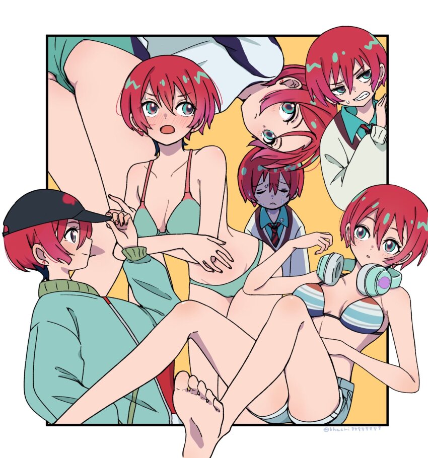 1girl, amate_yuzuriha, aqua_eyes, aqua_shirt, artist_name, ass, bare_shoulders, barefoot, baseball_cap, bent_over, bhachi88888888, bikini, bikini_top_only, black_hat, blush, border, breasts, closed_mouth, collared_shirt, commentary, denim, denim_shorts, feet, gundam, gundam_gquuuuuux, hat, headphones, headphones_around_neck, highres, long_sleeves, medium_breasts, multiple_views, open_mouth, outside_border, parted_lips, red_hair, school_uniform, shirt, short_hair, shorts, soles, sweatdrop, sweater, swimsuit, teeth, twitter_username, underwear, underwear_only, white_border, yellow_background