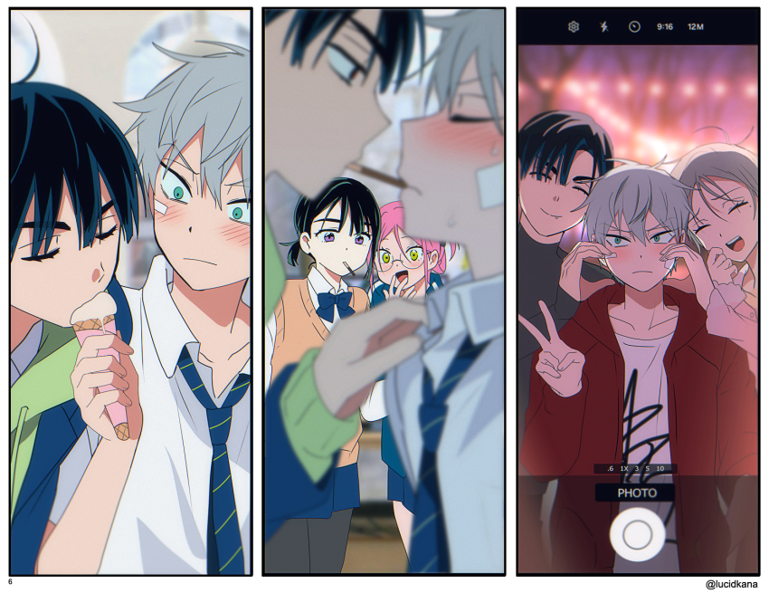 2boys, 3girls, alien_stage, artist_name, black_shirt, blue_bow, blue_bowtie, blue_necktie