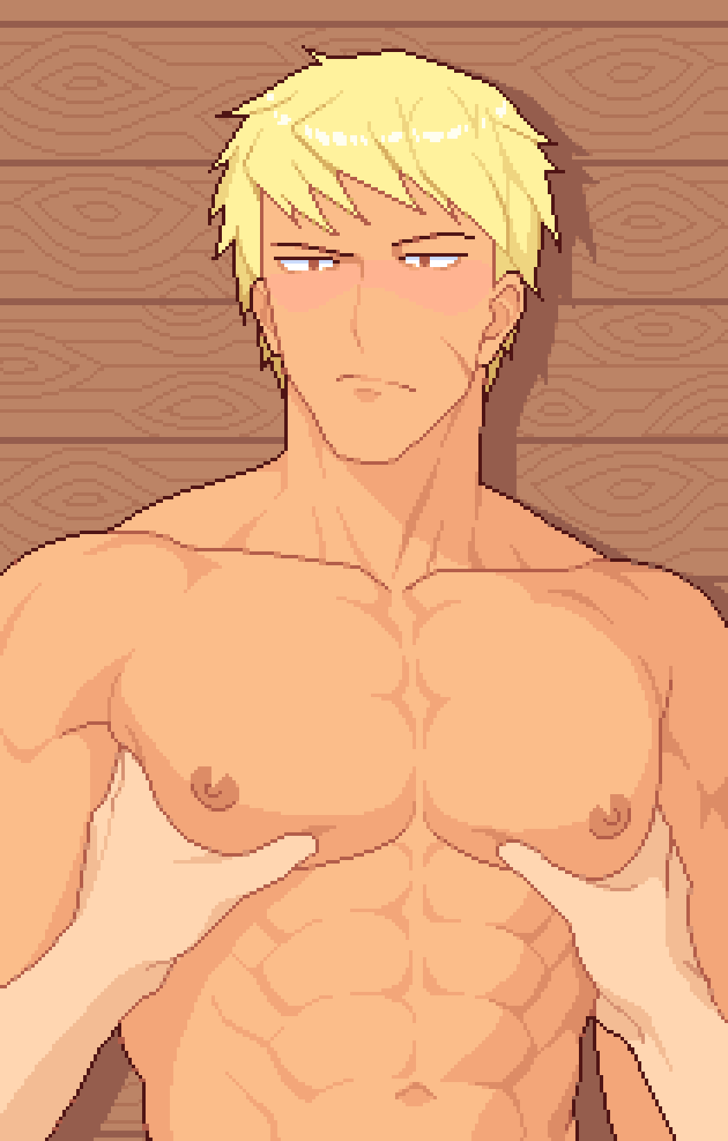 1boy, abs, bara, blonde_hair, blush, brown_eyes, catnipsmoker_(hakino), collarbone