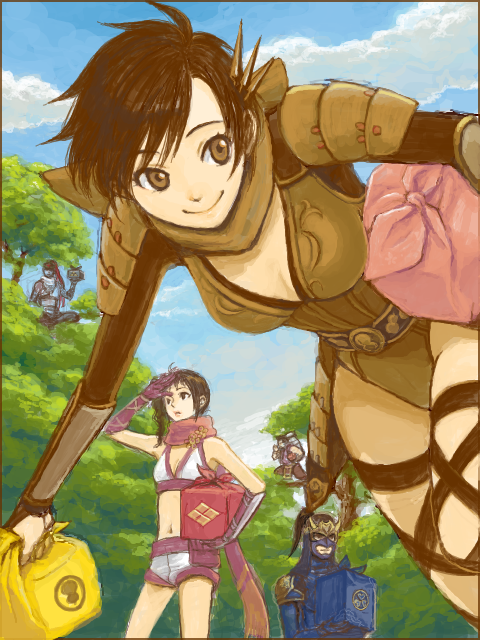 box, breasts, brown_eyes, brown_hair, cleavage, cross-laced_clothes, cross-laced_legwear, gift