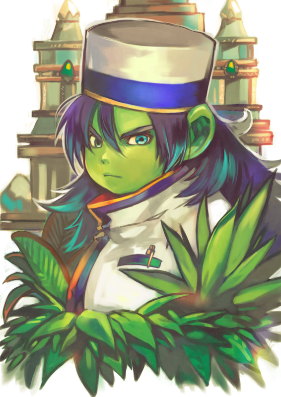 1boy, aqua_eyes, blue_hair, blue_trim, breast_pocket, castle, closed_mouth, colored_skin