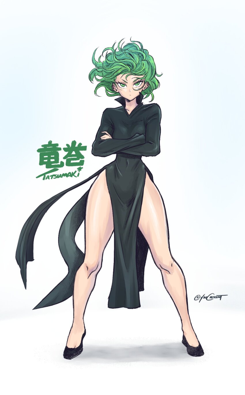 1girl, :/, absurdres, black_dress, black_shoes, character_name, crossed_arms, curvy