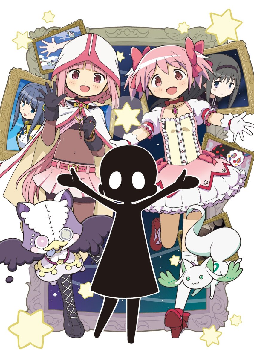 5girls, a-q_(madoka_magica), akemi_homura, armor, belt, belt_buckle, black_boots, black_capelet, black_gloves, black_hairband, black_shirt, black_shorts, blue_bow, blue_bowtie, blue_eyes, blue_hair, boots, bow, bow_choker, bowtie, braid, breastplate, bubble_skirt, buckle, buttons, capelet, center_frills, charlotte_(madoka_magica), chest_jewel, choker, clenched_hand, cloak, collared_capelet, covered_navel, dot_nose, dress, dress_bow, expressionless, footwear_bow, frilled_dress, frilled_skirt, frilled_sleeves, frilled_socks, frills, full_body, gecchu, gem, gloves, gold_buckle, grey_hair, hair_bow, hairband, hand_up, high_collar, high_heels, highres, hood, hood_up, hooded_cloak, kaname_madoka, kaname_madoka_(magical_girl), kneehighs, lace-up_boots, light_blush, long_hair, looking_at_viewer, low_ponytail, magia_record:_mahou_shoujo_madoka_magica_gaiden, mahou_shoujo_madoka_magica, mahou_shoujo_madoka_magica_(anime), mahou_shoujo_madoka_magica_magia_exedra, memspark_(madoka_magica), miniskirt, multiple_girls, namae_(magia_exedra), nanami_yachiyo, nighthawk_(madoka_magica), official_style, open_mouth, outstretched_arms, pale_skin, parted_lips, patricia_(madoka_magica), pauldrons, petticoat, picture_frame, pink_belt, pink_bow, pink_dress, pink_eyes, pink_gem, pink_hair, pink_skirt, pleated_skirt, ponytail, puffy_short_sleeves, puffy_sleeves, pumps, purple_eyes, red_bow, red_choker, red_shoes, shirt, shoes, short_dress, short_hair, short_sleeves, short_twintails, shorts, shorts_under_skirt, shoulder_armor, side_braids, sidelocks, simple_background, skirt, smile, socks, solid_oval_eyes, space, studded_belt, tamaki_iroha, tareme, thigh_boots, turtleneck, turtleneck_shirt, twin_braids, twintails, very_long_hair, white_background, white_cloak, white_eyes, white_gloves, white_skirt, white_sleeves, white_socks, witch_(madoka_magica)