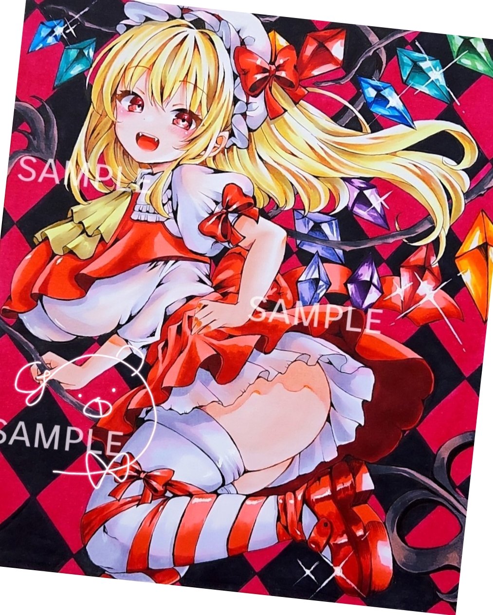 1girl, ascot, ass, blonde_hair, breasts, crystal, crystal_wings, fangs