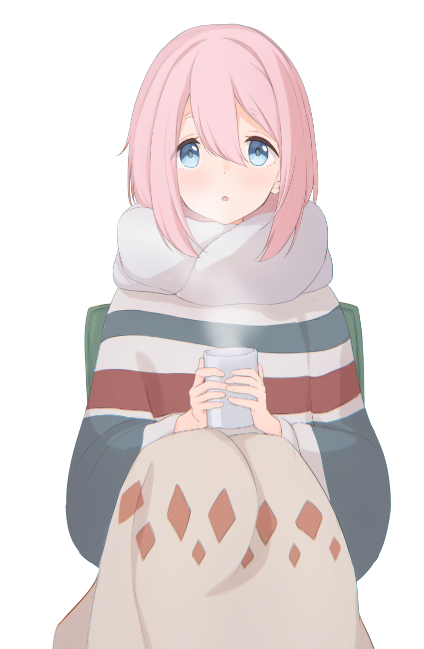 1girl, absurdres, blanket, blanket_over_legs, blue_eyes, blue_sweater, chair, cup