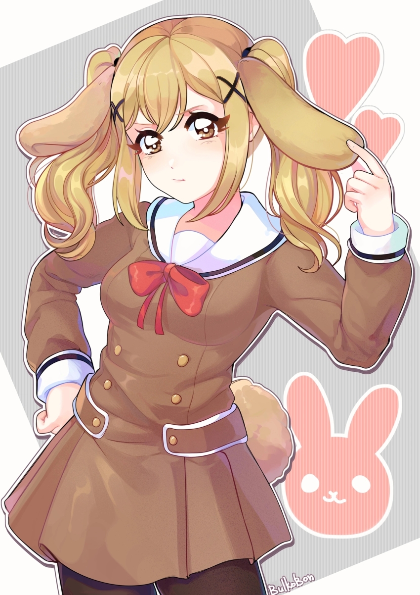 animal_ears, bang_dream!, bang_dream!_girls_band_party!, black_pantyhose, blonde_hair, bow, brown_dress, brown_eyes