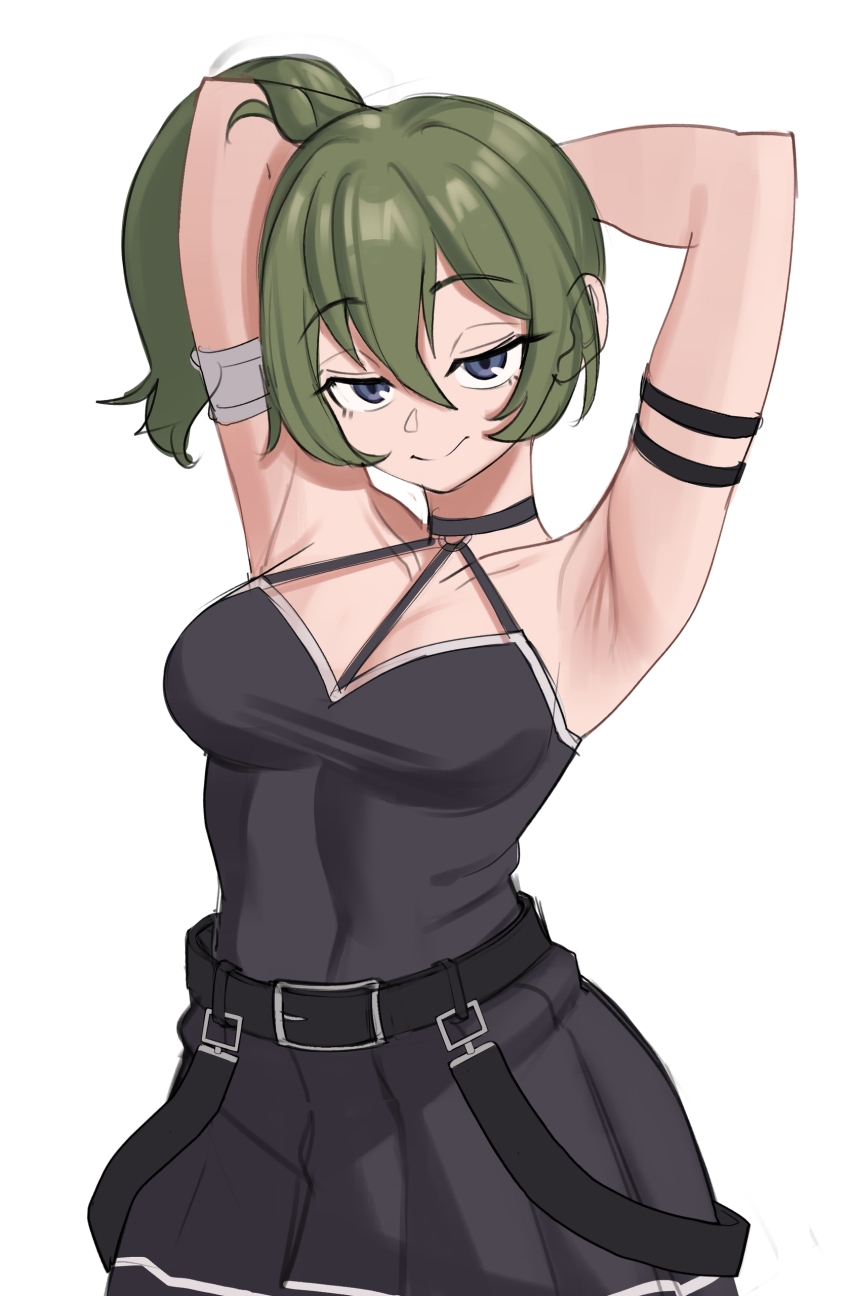 1girl, absurdres, arm_strap, armpits, arms_behind_head, back, blue_eyes, breasts