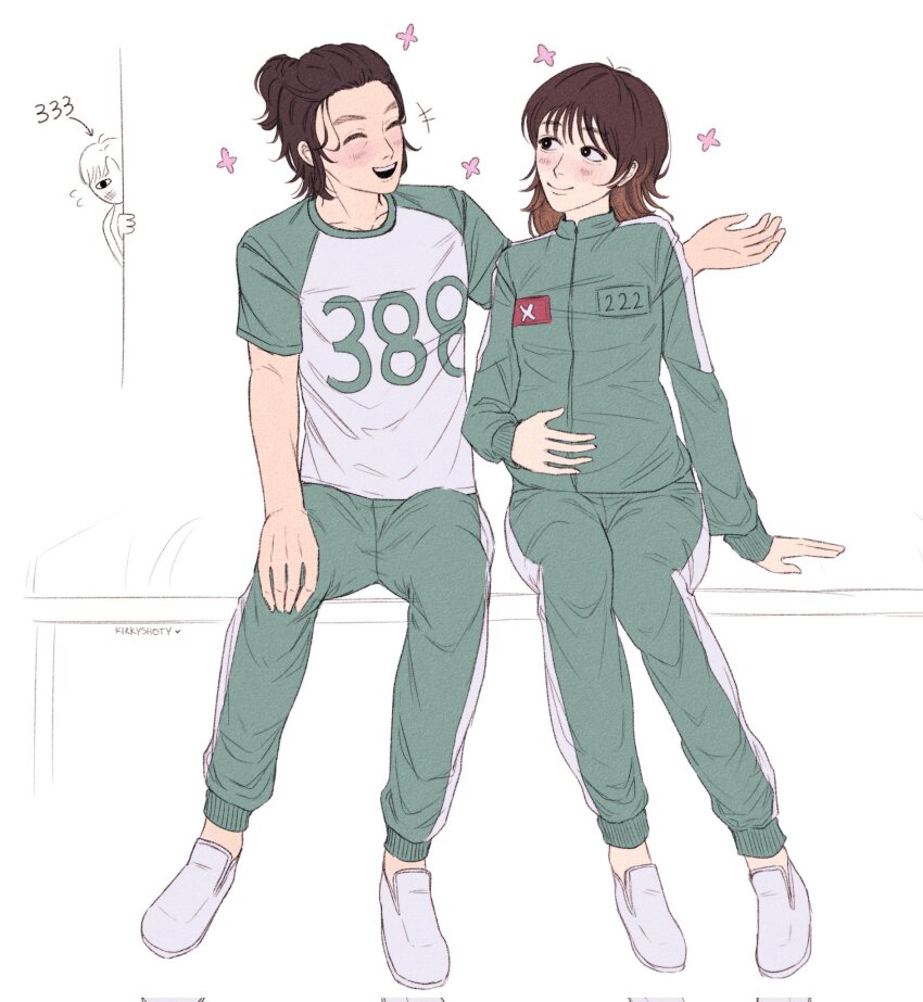 1girl, 2boys, bench, blush, brown_hair, closed_eyes, green_jacket, green_pants, hand_up, highres, jacket, kang_dae-ho, kim_jun-hee, lee_myung-gi, long_sleeves, looking_at_another, multiple_boys, open_mouth, pants, ponytail, shoes, simple_background, sitting, smile, sneakers, spying, squid_game, white_background