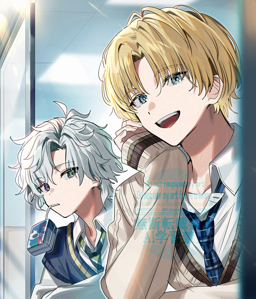 2boys, :d, bendy_straw, blonde_hair, blue_eyes, blue_necktie, brown_sweater, collared_shirt