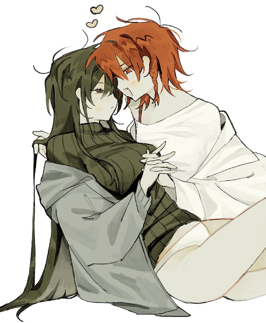 2girls, akechisu1, black_eyes, black_hair, black_sweater, braid, coat, fang