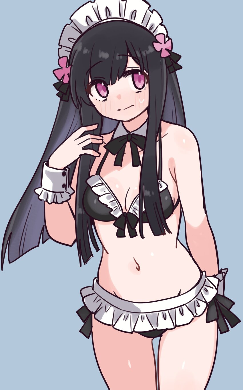 absurdres, bikini, black_bikini, black_bow, black_hair, black_ribbon, bow, detached_collar