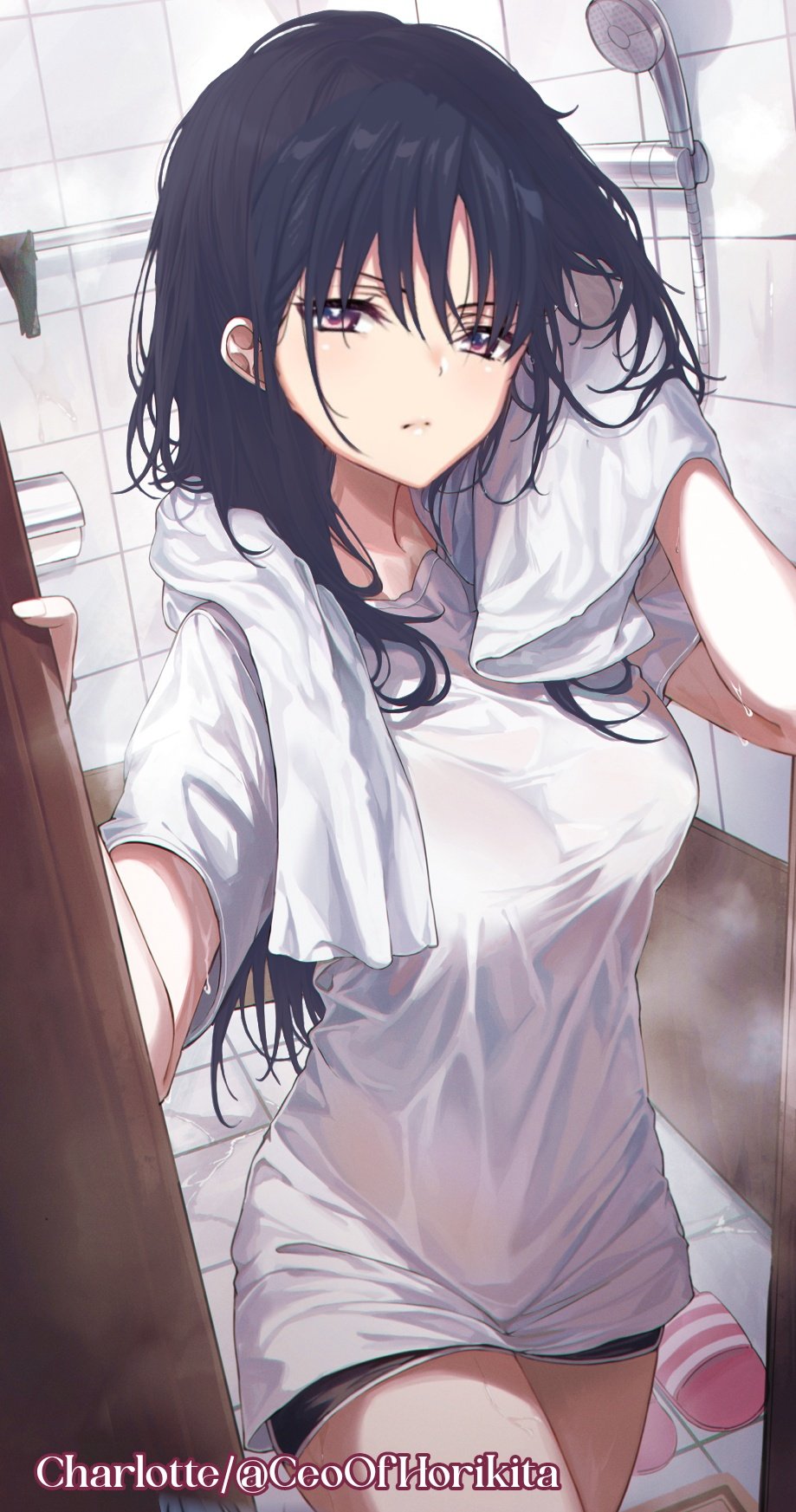 1girl, 2gong_(9ujin_), after_bathing, bathroom, black_hair, breasts, highres, horikita_suzune, long_hair, looking_at_viewer, original, shirt, third-party_edit, third-party_watermark, wet, wet_clothes, wet_hair, wet_shirt, youkoso_jitsuryoku_shijou_shugi_no_kyoushitsu_e