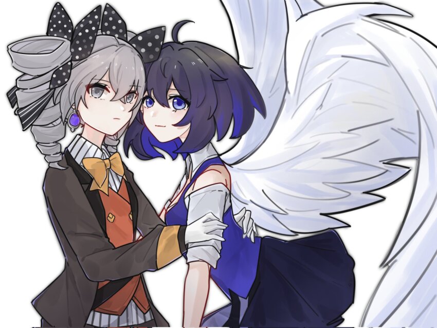 2girls, ahoge, black_hair, black_jacket, black_ribbon, black_skirt, blue_eyes, blue_hair, blue_vest, bow, bronya_zaychik, bronya_zaychik_(wolf's_dawn), brown_bow, closed_mouth, collared_shirt, commentary_request, drill_hair, feathered_wings, gloves, grey_eyes, grey_hair, hair_ribbon, highres, honkai_(series), honkai_impact_3rd, jacket, light_smile, long_sleeves, multicolored_hair, multiple_girls, open_clothes, open_jacket, orange_vest, pleated_skirt, polka_dot, polka_dot_ribbon, ribbon, sang_yuchen, seele_vollerei, seele_vollerei_(azure_memories), seele_vollerei_(swallowtail_phantasm), shirt, short_sleeves, simple_background, skirt, striped_clothes, striped_shirt, twin_drills, twintails, two-tone_hair, vertical-striped_clothes, vertical-striped_shirt, vest, white_background, white_gloves, white_shirt, white_wings, wings