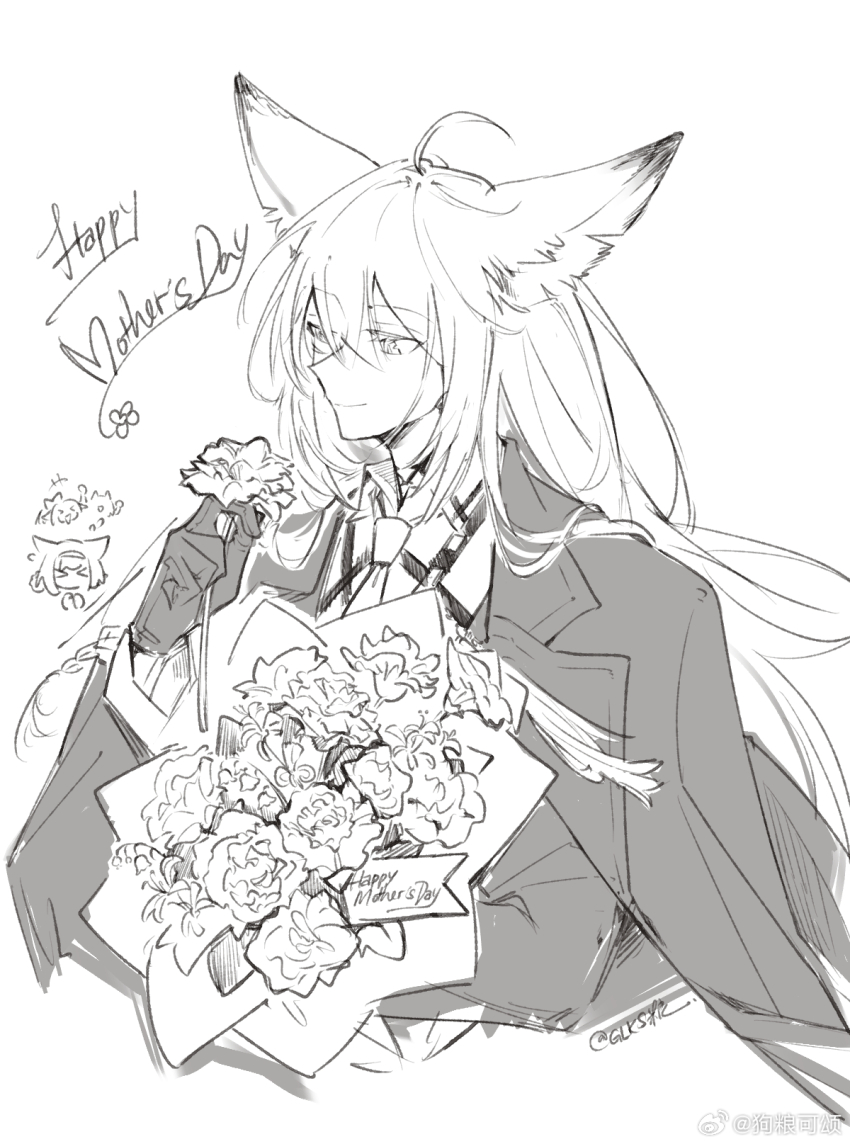 2girls, animal_ears, arknights, bouquet, chinese_commentary, closed_mouth, commentary_request, flower