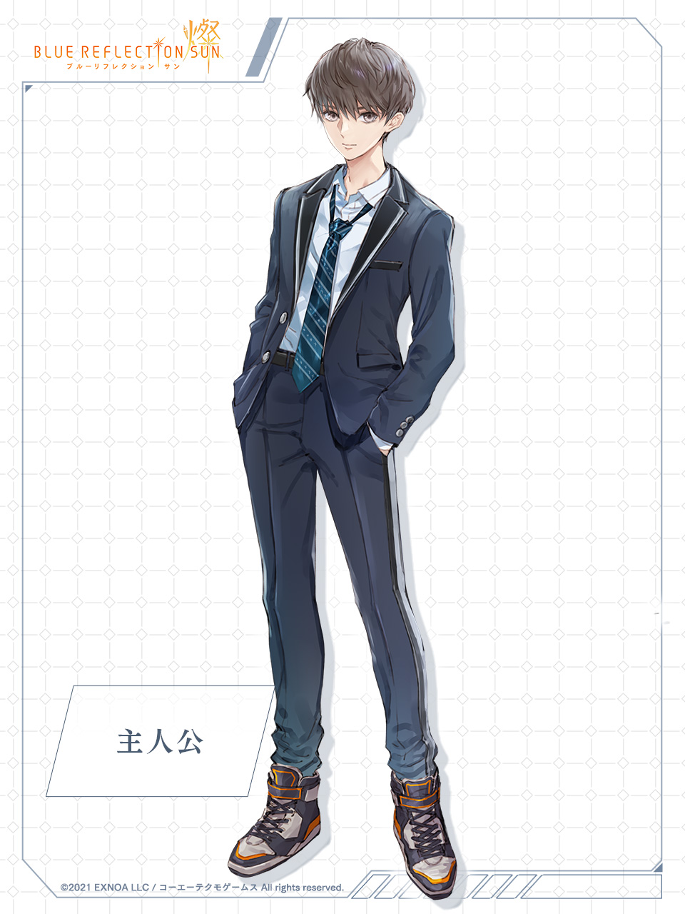 1boy, belt, black_belt, blazer, blue_jacket, blue_necktie, blue_pants, blue_reflection_(series)