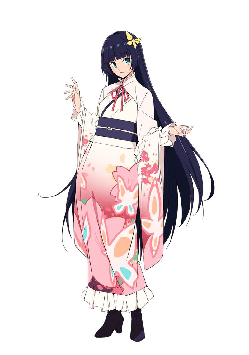 1girl, animal_print, black_hair, black_sash, blue_eyes, blunt_bangs, boots, bow