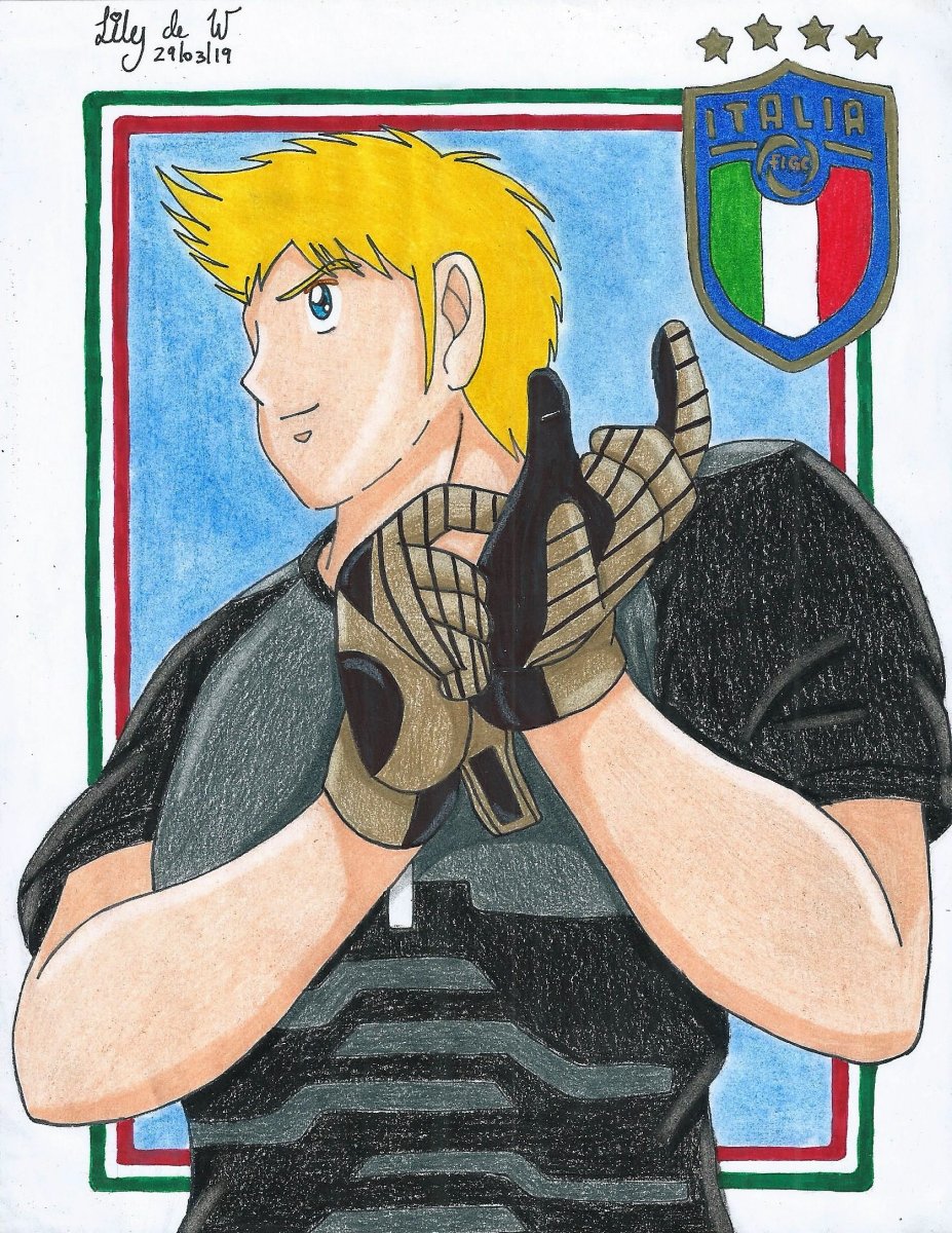 1boy, black_gloves, black_shirt, blonde_hair, blue_eyes, border, captain_tsubasa, closed_mouth, gino_hernandez, gloves, goalkeeper, hands_up, highres, italy, lily_de_wakabayashi, serious, shirt, solo, white_border