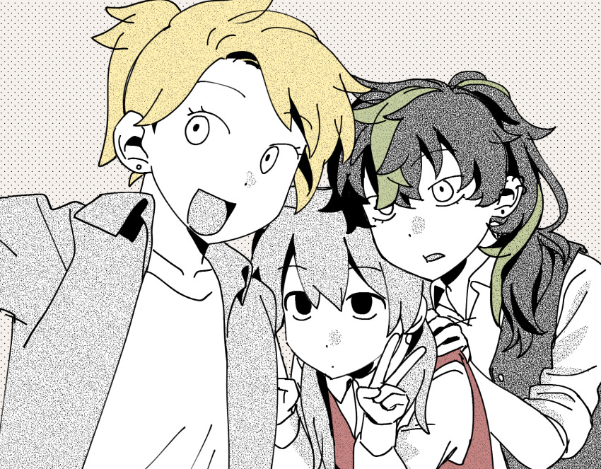 3girls, :d, bad_boys_(limited_life_smp), ben-day_dots, blonde_hair, commentary, english_commentary, genderswap