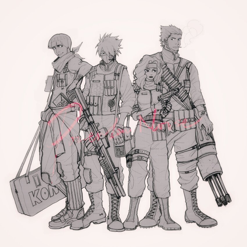 1girl, 3boys, cigarette, facial_hair, full_body, gun, hatake_kakashi, highres