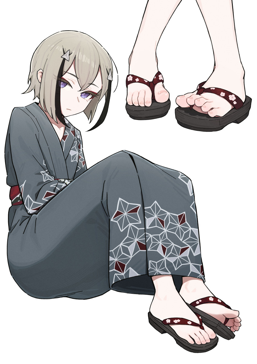1boy, absurdres, black_hair, closed_mouth, collarbone, crossdressing, crossdressing_(mtf), crossed_bangs, double-parted_bangs, eyelashes, feet, foot_focus, full_body, geta, grey_kimono, hair_between_eyes, highres, hyuuga_masamune, japanese_clothes, kimono, knees_up, lan_mao_akko, looking_at_viewer, male_focus, multicolored_hair, multiple_views, obi, purple_eyes, sandals, sash, short_hair, simple_background, streaked_hair, toenails, toes, touken_ranbu, white_background