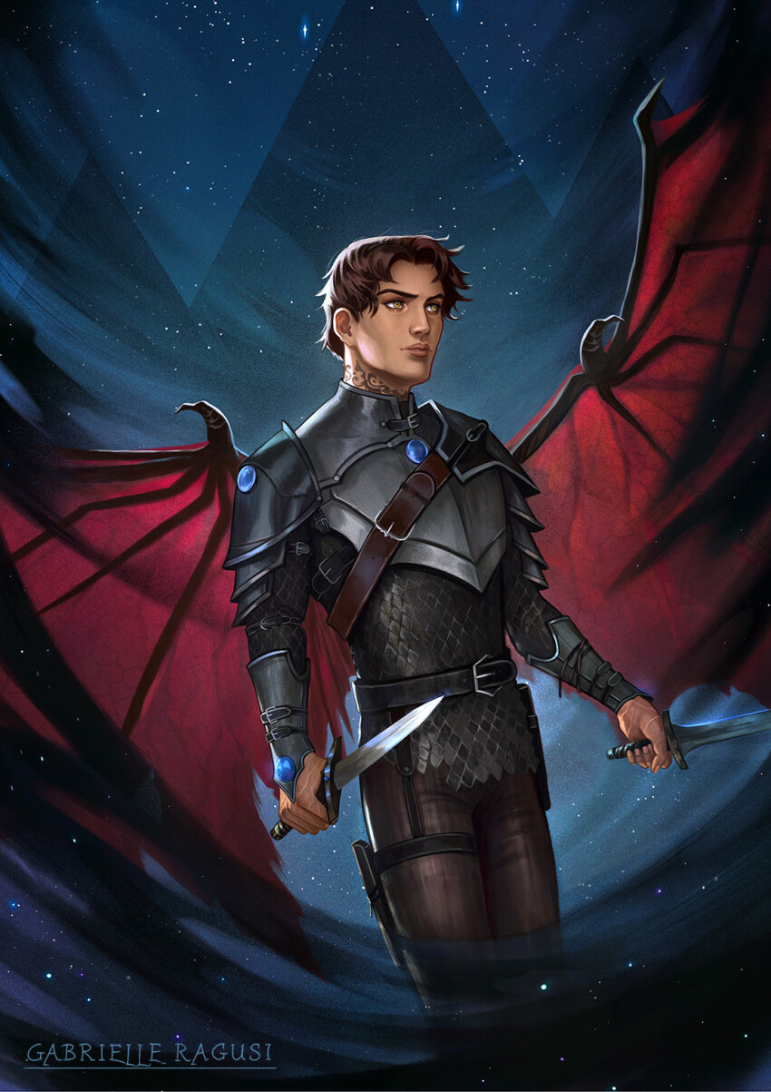 1boy, a_court_of_thorns_and_roses_(series), armor, artist_name, azriel_(acotar), bat_wings, belt, brown_eyes