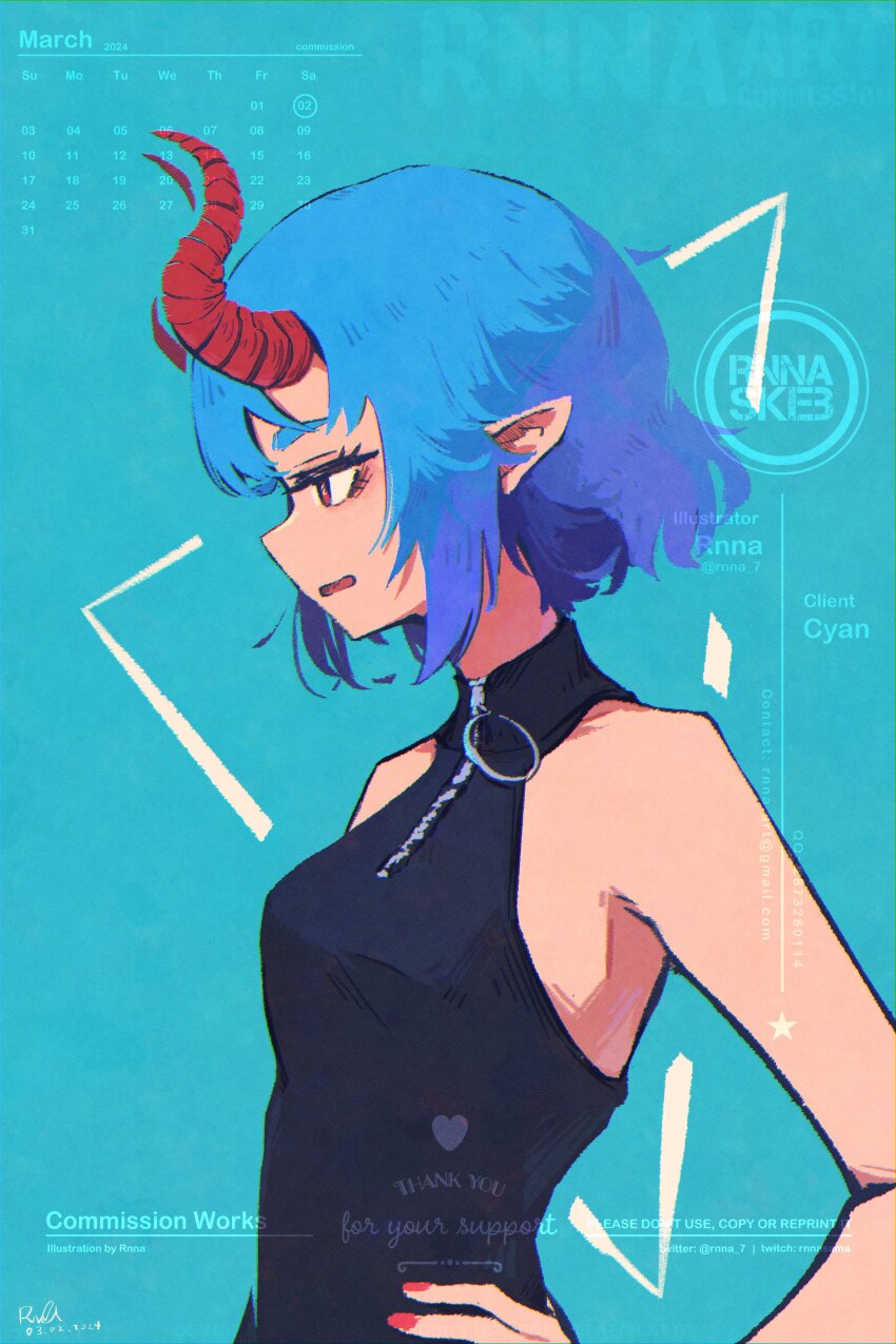 1girl, absurdres, aqua_background, artist_name, black_shirt, blue_hair, brown_eyes, commission