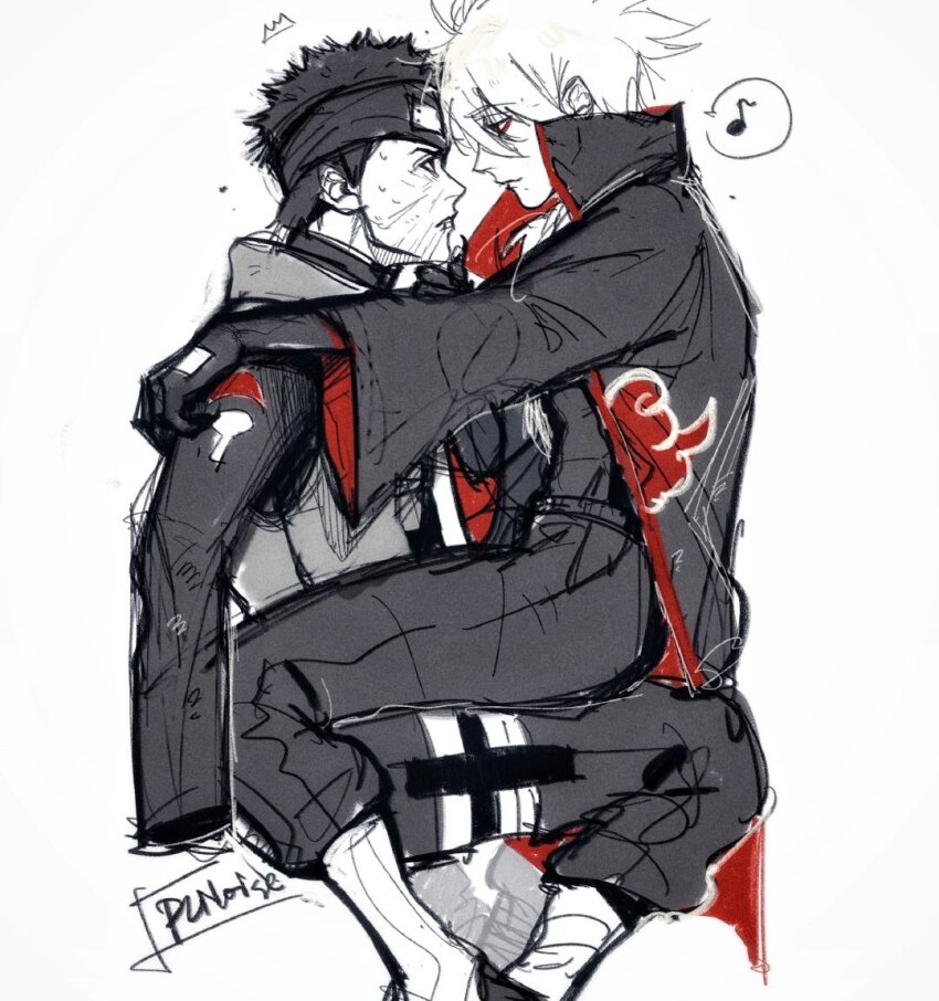2boys, akatsuki_(naruto), akatsuki_uniform, alternate_universe, black_hair, gloves, grey_hair, hatake_kakashi