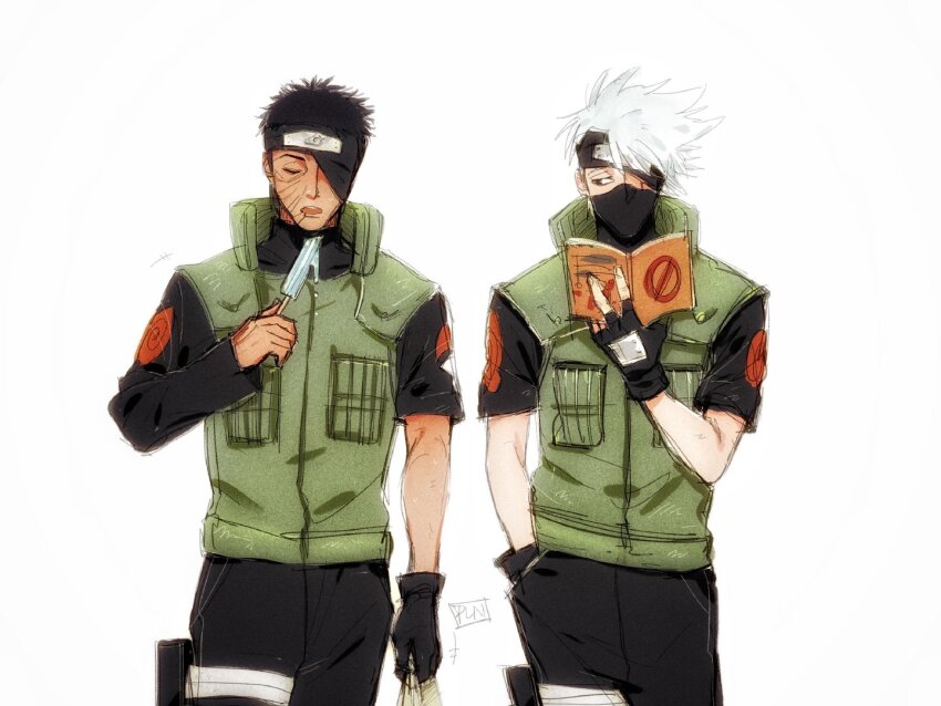 2boys, black_hair, book, food, grey_hair, hatake_kakashi, icha_icha_(naruto), long_sleeves