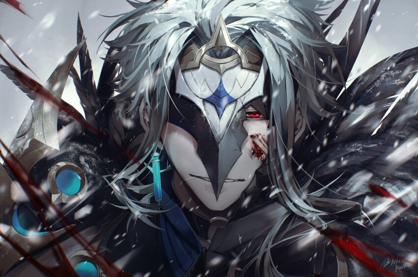 1boy, bai_zhong, blood, blood_on_face, broken_mask, close-up, dottore_(genshin_impact), earrings