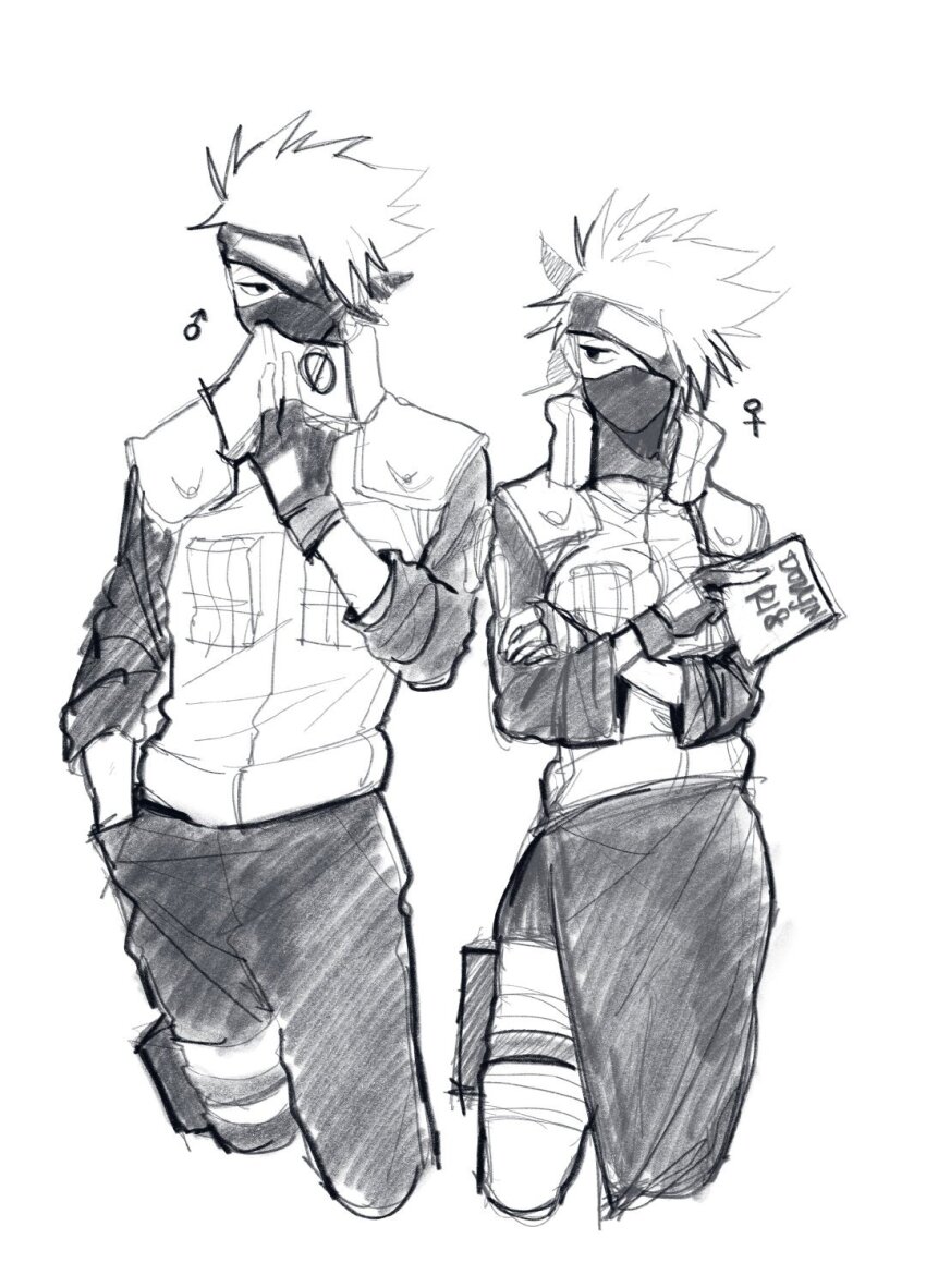 1boy, 1girl, book, breasts, dual_persona, forehead_protector, genderswap, genderswap_(mtf), hatake_kakashi, highres, icha_icha_(naruto), looking_at_another, mask, mi_lu_zaosheng, mouth_mask, naruto_(series), naruto_shippuuden, pants, skirt, vest
